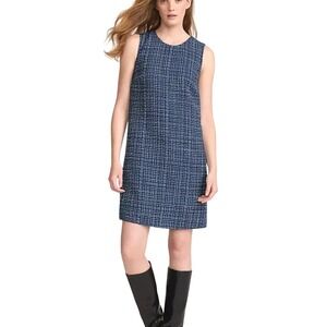 Lands End Womens Navy Blue White Tweed Sleeveless Shift Dress Large 14-16
